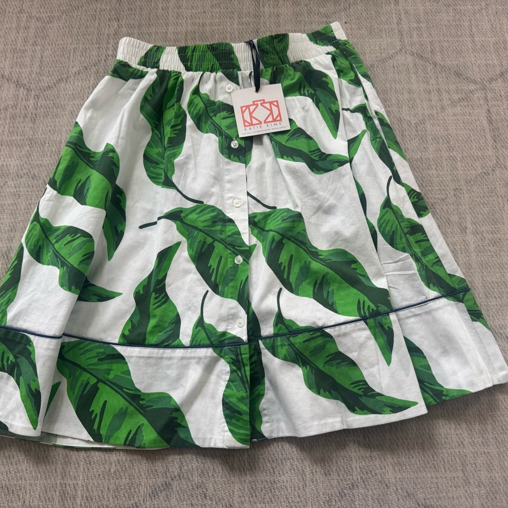 Katie Kime White Skirt with Green Leaf Print